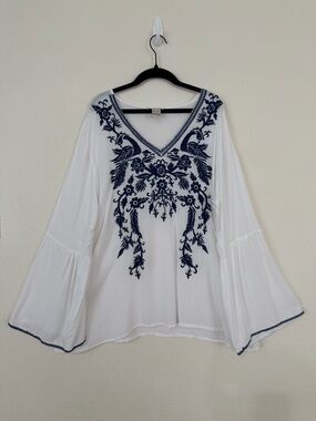 100% rayon White V-Neck Embroidered Bell Sleeve Tunic with Navy Floral Detail